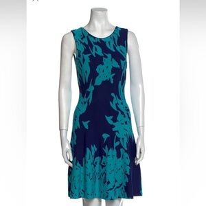ISSA LONDON Teal and Navy Printed Fit and Flare Patterned Sleeveless Dress